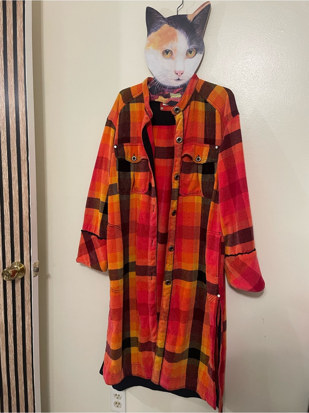 Free People Plaid Chenille Long Trench Coat with front pockets - Picture 2 of 4